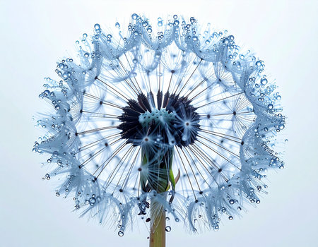 A macro view captures the intricate architecture of a dandelion seed head, each delicate parachute adorned with glistening water droplets. The cool, blue light gives the scene an ethereal and dreamlike quality, symbolizing purity, fragility, and the quiet promise of new beginnings.の素材