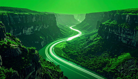 A vibrant stream of green energy carves a glowing path through a deep, mysterious canyon. This digital river represents the flow of data, innovation, and sustainable power, illuminating a path toward a futuristic and interconnected world.の素材