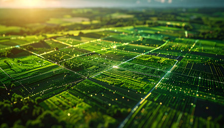 An aerial perspective showcases the future of farming, where glowing data networks overlay lush green fields. This represents a revolution in precision agriculture, using AI and IoT for sustainable, efficient food production in a connected world.の素材