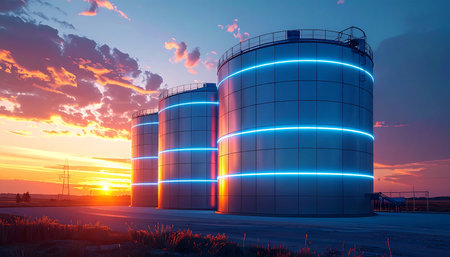 As the sun sets on the horizon, casting a warm glow across the landscape, futuristic industrial silos awaken. Glowing blue rings of light signify the storage of clean energy or vast amounts of data, representing a new era of sustainable power and technological innovation.の素材