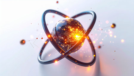A 3D rendering captures the heart of a futuristic atom, its core glowing with immense power and untapped potential. Electrons orbit a nucleus teeming with fiery energy, symbolizing a breakthrough in science, quantum computing, and the next wave of technological innovation.の素材