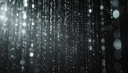 Streams of shimmering light cascade in the darkness, creating an ethereal curtain of glowing bokeh. This abstract, futuristic scene evokes a sense of digital rain, data flow, or a magical portal to another dimension, perfect for themes of technology, mystery, and innovation.の素材