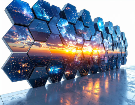 A wall of interconnected hexagonal screens forms a futuristic honeycomb, each panel a window into a sprawling cityscape bathed in the warm glow of sunset. This digital mosaic reflects on a sleek surface, symbolizing the fusion of technology, global communication, and urban life in a seamless, innovative display.の素材