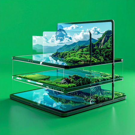 A glimpse into the future where technology and nature are seamlessly integrated. Multiple transparent layers display a vibrant, deconstructed landscape, symbolizing environmental data visualization, sustainable innovation, and the harmony between the digital and natural worlds.の素材