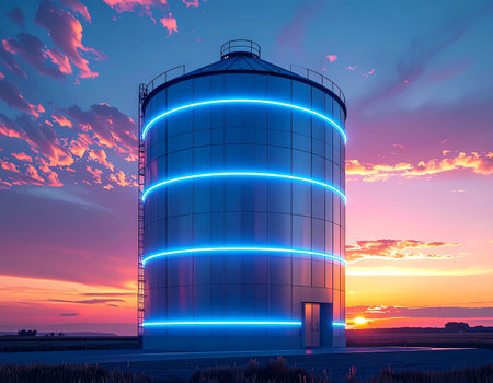 As the sun sets over a tranquil rural landscape, a traditional grain silo is transformed into a beacon of modern innovation. Glowing blue rings of light encircle the structure, symbolizing the integration of high-tech data, smart farming, and futuristic energy solutions into the heart of agriculture.の素材