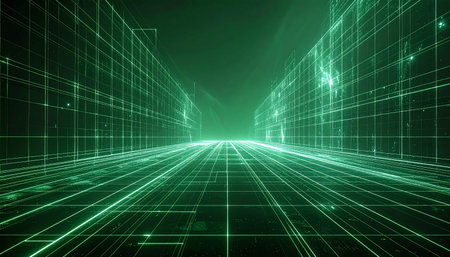 Journey through a vast, glowing green digital landscape where lines of code and data streams create an infinite corridor. This abstract representation of cyberspace visualizes the speed and complexity of modern technology, big data, and the interconnected global network.の素材