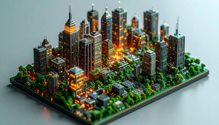 An intricate, glowing diorama of a futuristic metropolis viewed from an isometric perspective. Warm lights emanate from skyscrapers and streets, symbolizing the vibrant energy, data flow, and constant activity of a smart city powered by innovation and technology.の素材