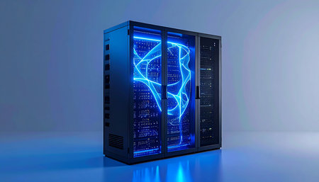 Inside a state-of-the-art data center, a server rack hums with immense power. Arcs of pure blue energy surge through its core, visualizing the incredible speed of data processing, cloud computing, and the birth of artificial intelligence. This is the heart of modern innovation.の素材