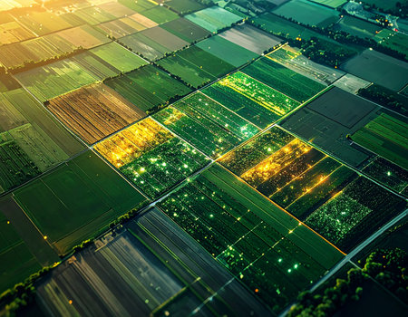 From high above, a patchwork of agricultural fields reveals the future of farming. Glowing plots represent fields managed by advanced AI and data analytics, optimizing growth and sustainability for a new era of high-tech, efficient food production.の素材