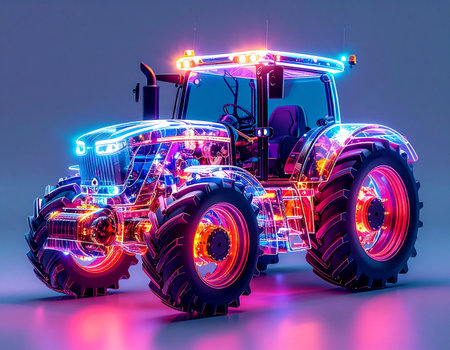 A vision of the future of farming, this advanced tractor glows with vibrant neon energy, showcasing its complex internal systems. This concept represents the integration of smart technology, data analytics, and automation in modern agriculture, powering a new era of precision and efficiency.の素材