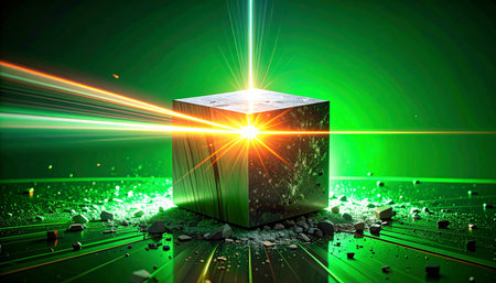 In the heart of a digital matrix, a powerful core processor ignites, unleashing a torrent of pure data and energy. Beams of green and orange light erupt, shattering the foundation and signaling a new technological genesis or a critical system overload.の素材