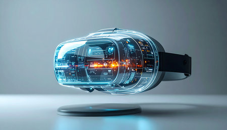 A glimpse into the future of digital interaction, this advanced VR headset floats effortlessly, its transparent casing revealing the glowing heart of next-generation technology. It represents a gateway to new worlds, immersive gaming, and the boundless potential of the metaverse.の素材