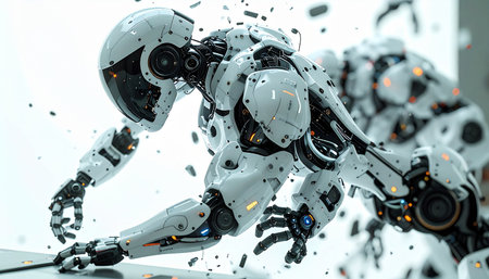 In a flash of catastrophic failure, a highly advanced humanoid robot shatters under immense pressure. The scene captures the dramatic moment of technological collapse, symbolizing concepts of system overload, the fragility of complex machinery, and the violent end of an artificial era.の素材