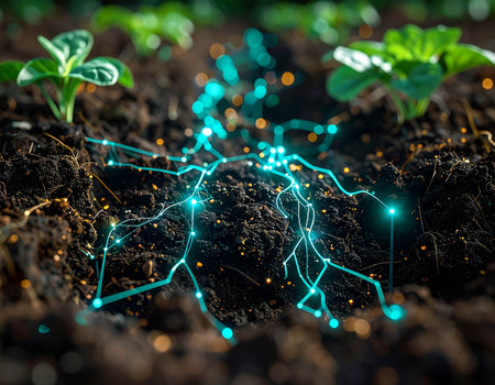 A glowing digital network visualizes the flow of data and nutrients through the soil, connecting young seedlings in a futuristic smart farm. This represents the intersection of artificial intelligence and agriculture, where technology optimizes growth and crop yield.の素材