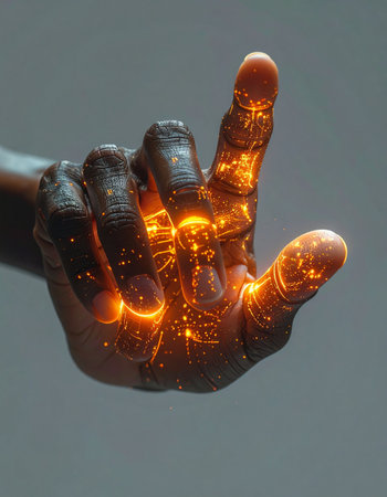 A human hand pulses with a vibrant, fiery orange light, its veins seemingly replaced by circuits of pure energy. This image captures a moment of transformation, symbolizing the fusion of humanity and advanced technology, the dawn of a new digital consciousness, or the raw power of innovation held within our grasp.の素材