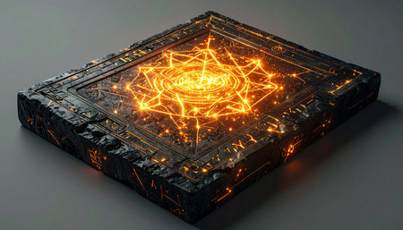 An ancient, forgotten artifact awakens, its surface crackling with arcane power. A complex web of luminous energy forms a mystical sigil, humming with untold secrets and immense magical potential, waiting to be unleashed.の素材