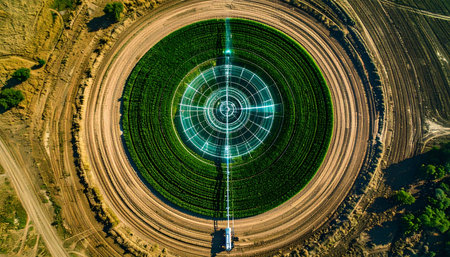 From high above, a perfect circle of vibrant green emerges from the arid landscape, a testament to modern agricultural innovation. A center-pivot irrigation system methodically sprays life-giving water, representing the future of sustainable farming and precision technology.の素材