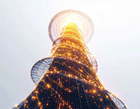From a low-angle perspective, a futuristic spiral tower ascends towards a brightly lit sky. Golden lights wrap around its modern structure, symbolizing progress, innovation, and the upward journey towards success.の素材
