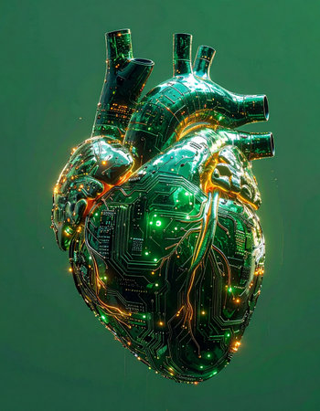 In a glimpse of the near future, a bionic heart pulses with digital life. Glowing circuits and intricate pathways represent the seamless integration of human biology and advanced technology, symbolizing a new era in medicine, artificial intelligence, and the very definition of vitality.の素材