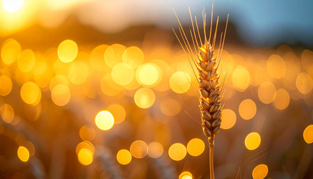 As the sun dips below the horizon, its last golden rays illuminate a single ear of wheat, standing tall in a vast field. The warm, soft light creates a beautiful bokeh effect, symbolizing a bountiful harvest, tranquility, and the peaceful end of a productive day.の素材