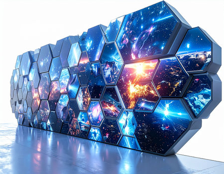 A futuristic video wall, composed of interlocking hexagonal screens, comes to life with vibrant cosmic imagery. Each panel offers a unique glimpse into distant galaxies and fiery nebulae, creating a dynamic and immersive experience. This installation represents the cutting edge of digital display technology, perfect for concepts of innovation, data visualization, and the future of media.の素材
