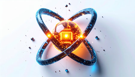 A glimpse into the future, where a stable quantum energy core hums with immense potential. Orbiting rings harness and distribute its clean, limitless energy, symbolizing a breakthrough in advanced technology and sustainable power.の素材