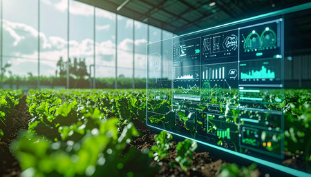 In a state-of-the-art greenhouse, rows of vibrant green crops thrive under perfect conditions. A holographic interface displays real-time data and analytics, showcasing the power of AI and smart technology to optimize growth, ensure sustainability, and revolutionize the future of food production.の素材