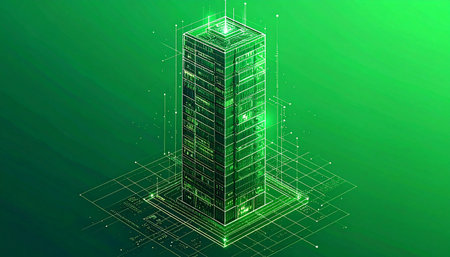 A glowing isometric server rack stands as the central nervous system for a vast digital network. Streams of data flow in and out, representing complex processes like cloud computing, big data analysis, and secure information storage. The vibrant green glow symbolizes growth, innovation, and the power of modern technology.の素材