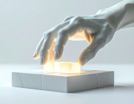 In a sterile, minimalist environment, a futuristic robotic hand reaches out to touch a mysterious, glowing cube. This moment captures the intersection of artificial intelligence and humanity, symbolizing innovation, discovery, and the activation of new possibilities.の素材