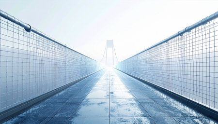 A long, symmetrical walkway with reflective floors and grid-like walls leads towards an overwhelmingly bright light. This image evokes a sense of journeying into the future, representing progress, innovation, and the path to an unknown but hopeful destination.の素材