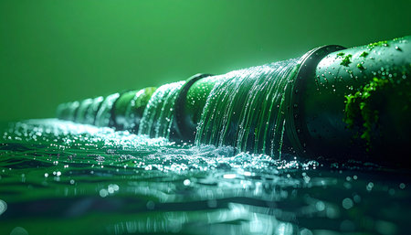 In a murky, green-lit environment, an industrial pipeline shows signs of stress as contaminated water cascades from its joints. This image captures a critical moment of system overflow, symbolizing environmental pollution, infrastructure challenges, and industrial waste.の素材
