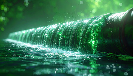 In the heart of an ancient, untouched forest, a futuristic pipe releases a cascade of luminous green energy. This clean, bio-luminescent fluid flows into the stream below, symbolizing a perfect harmony between advanced technology and the natural world, a source of sustainable power hidden from sight.の素材