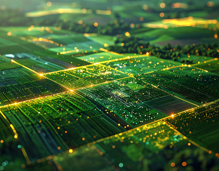 An aerial perspective reveals the future of agriculture, where glowing lines of data and connectivity overlay vast green fields. This network represents a smart farming revolution, using AI, IoT, and big data to optimize growth and ensure a connected, efficient global food supply.の素材
