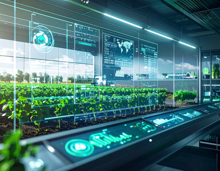 In a state-of-the-art laboratory, rows of lush green plants thrive under precisely controlled conditions. Holographic displays and glowing interfaces monitor every aspect of their growth, from nutrient levels to global market data, showcasing the future of sustainable, data-driven agriculture and food production.の素材