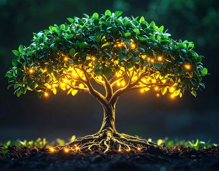 In the heart of an enchanted forest, a mystical tree of life glows with an inner golden light. Its powerful roots dig deep into the earth, drawing up ancient wisdom and energy, illuminating the darkness with a message of hope, growth, and interconnectedness.の素材
