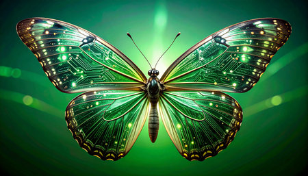 A stunning cybernetic butterfly emerges, its wings intricately designed like a glowing green circuit board. This beautiful fusion of nature and advanced technology symbolizes digital transformation, innovation, and the future of ecological tech.の素材