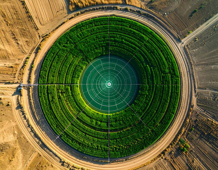 From high above, a perfect circle of vibrant green crops emerges from the parched, arid landscape. This stunning aerial view captures the marvel of center-pivot irrigation, a testament to modern agricultural technology bringing life and sustenance to dry lands.の素材