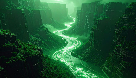 A mysterious, glowing emerald river carves its path through the depths of a dark, alien canyon. The luminous water, a source of unknown energy or magic, casts an eerie green light on the towering rock formations, inviting explorers into a world of fantasy and otherworldly adventure.の素材
