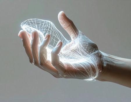 A human hand is illuminated by a complex, glowing web of light, symbolizing the seamless integration of biology and advanced technology. This conceptual image represents the future of human-computer interfaces, artificial intelligence, and the flow of digital information.の素材