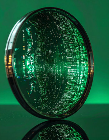 A glimpse into the heart of future technology, where a glowing green silicon wafer reveals its intricate network of microchips. The complex circuitry, illuminated from within, reflects on a dark surface, symbolizing the dawn of a new digital era driven by data, innovation, and artificial intelligence.の素材