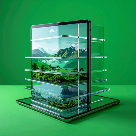 A stunning 3D landscape of mountains and forests emerges from a digital tablet, its layers displayed on transparent shelves. This conceptual image represents the future of interactive technology, augmented reality, and the seamless integration of the digital world with nature, symbolizing innovation in green tech and environmental data visualization.の素材