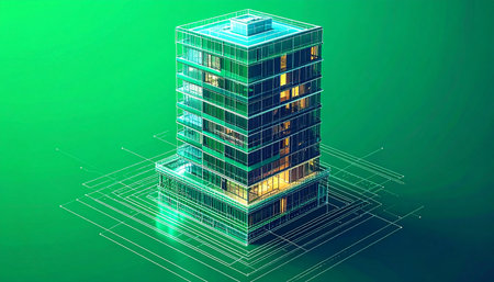 A glowing digital twin of a smart building materializes from a green data grid, representing the future of architectural innovation. This isometric hologram visualizes concepts like BIM, IoT integration, and sustainable urban planning, where every aspect of the structure is monitored and optimized for efficiency.の素材