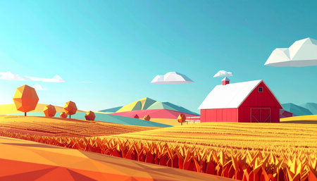 A vibrant, low-poly landscape captures the essence of a perfect autumn day in the countryside. A classic red barn sits nestled among rolling hills and golden fields, symbolizing peace, abundance, and the simple beauty of the harvest season in a stylized digital world.の素材