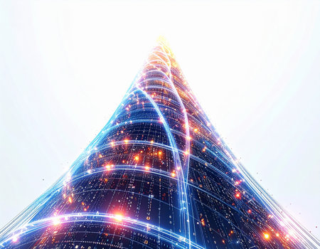 A towering skyscraper pierces the sky, its facade a complex web of glowing lights and flowing data streams. This architectural marvel symbolizes a central hub of global communication, big data, and technological innovation in a futuristic smart city.の素材
