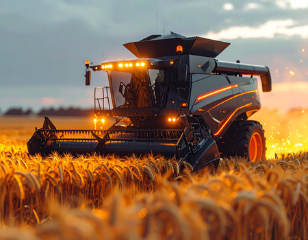 As the sun sets, casting a warm golden glow across the vast fields, a state-of-the-art combine harvester works tirelessly into the twilight. Its powerful lights cut through the dusk, symbolizing the peak of modern agricultural efficiency and the relentless drive to feed the world.の素材