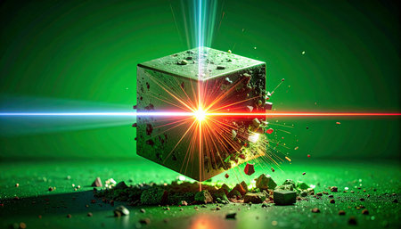 In a high-tech laboratory, powerful lasers converge on a mysterious cube, causing a brilliant, explosive reaction. This image captures the critical moment of a scientific breakthrough, symbolizing immense power, innovation, and the raw energy of discovery.の素材