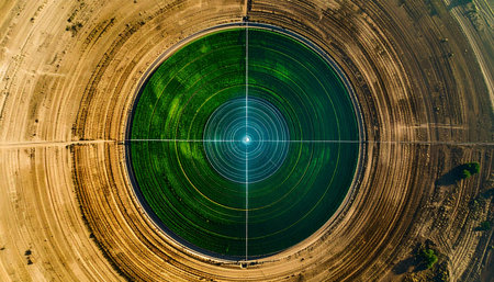 An aerial drone view captures a mysterious green circular target in an arid landscape. A glowing blue epicenter suggests a source of immense data or energy, representing concepts of modern surveillance, precision technology, and the future of resource management.の素材