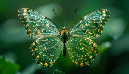 In a glimpse of the future, a delicate butterfly reveals wings intricately designed like a glowing green circuit board. This stunning visual represents the perfect synthesis of natures design and human innovation, symbolizing concepts like green technology, biomimicry, and the dawn of an ecological digital age.の素材