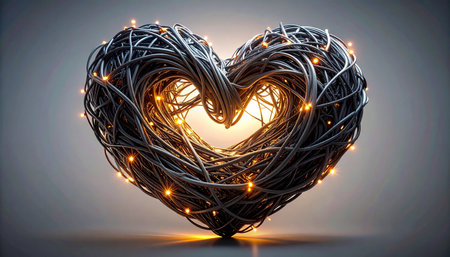 A complex heart, intricately woven from dark wires, reveals a warm and powerful light from its core. Tiny fairy lights sparkle along its surface, symbolizing the bright moments and connections that illuminate even the most tangled relationships. This image represents the enduring warmth of love, technologys role in connection, and the inner glow of passion.の素材