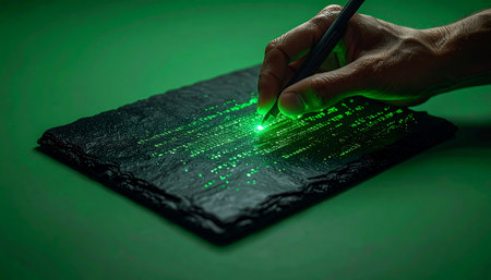 A hand guides a futuristic stylus, etching glowing green data onto a dark stone tablet. This image represents the intersection of ancient materials and modern technology, symbolizing innovation, digital communication, and the future of creativity.の素材
